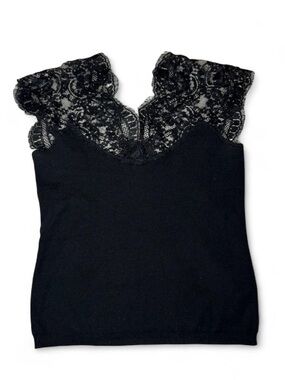 Georges Rech elegant Black lace trim going out tank top merino wool Size 2🔹